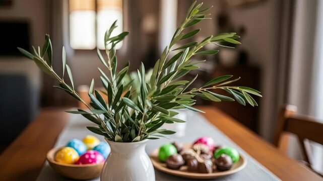 Olive branches in white vase beside colorful easter eggs in bowl on wooden table. Symbols of spring renewal and easter celebration in cozy home interior
