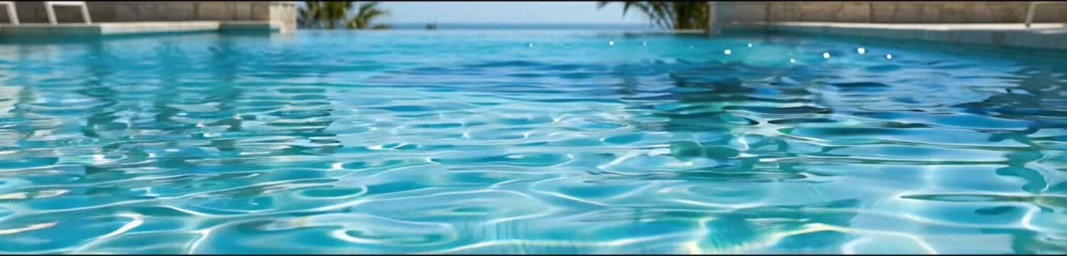 Blue swimming pool water surface with gentle ripples and wide copy space, website banner format, summer relaxation concept, luxury lifestyle, refreshing background.