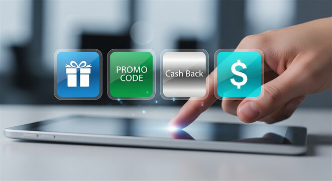Cash back promo code icons, digital shopping rewards on tablet screen