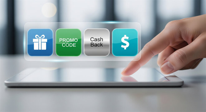 Cashback promo code icons, digital discount rewards, shopping tablet