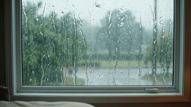 Gentle Rain Streaming Down a Quiet Window View. 
Raindrops slowly slide down a window, blurring a calm green outdoor scene beyond.