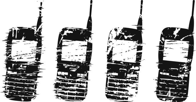 grunge vintage cellphone silhouette set in black old school mobile phone vector illustration