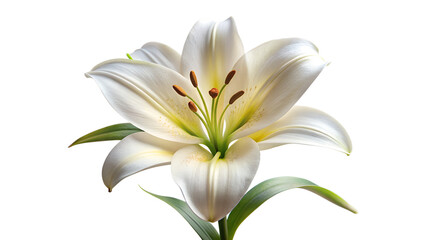 Fototapeta premium Beautiful white lily flower with green leaves isolated on white background