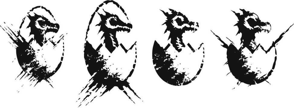 Four grunge baby chicks hatching from eggs, black silhouette illustration set