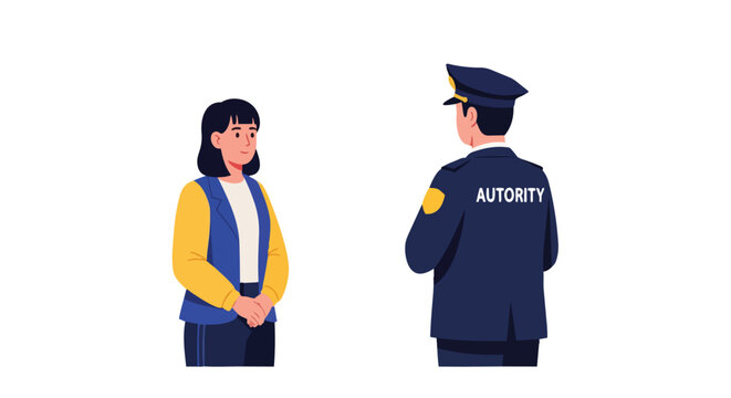 Police Officer Speaking with a Young Woman in a Flat Vector Illustration