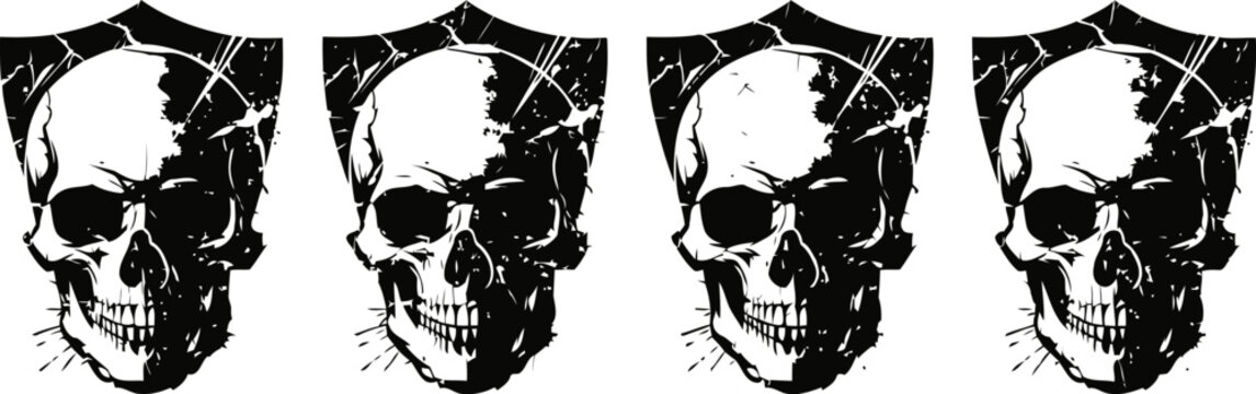 black and white skull illustration with cracked texture in a repeated pattern design