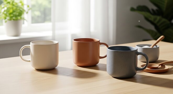 Three minimalist ceramic mugs placed on a light wooden table in a bright and cozy sunlit room. canecas