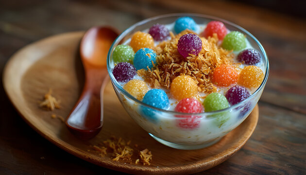 Thai sweet Bua Loi dessert features small colorful tapioca balls floating in sweet creamy coconut milk. Garnished with toasted coconut flakes, this treat is a vibrant dish.