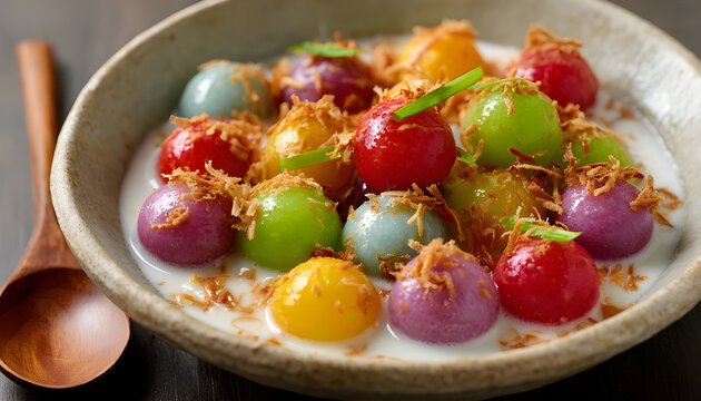 Thai sweet Bua Loi dessert features small colorful tapioca balls floating in sweet creamy coconut milk. Garnished with toasted coconut flakes, this treat is a vibrant dish.