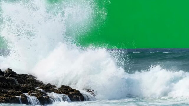 Ocean wave breaking on rocks against a green screen for chroma key compositing. Water splishing on shore with digital backdrop.