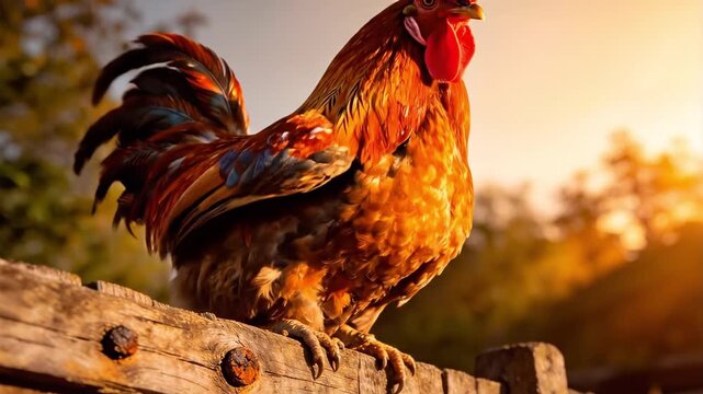 Vibrant rooster with colorful feathers perched on a wooden fence in golden light, suitable for farm life, agriculture, rural themes, and natural food concepts.