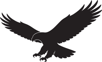 Fototapeta premium Black silhouette of a majestic eagle flying with its wings spread wide on a white background