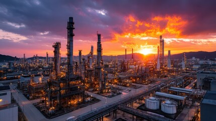Naklejka premium Oil Refinery Aerial View Sunrise Industrial Complex Background with Copy Space Concept