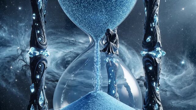 Abstract hourglass with blue cosmic sand flowing, a cloaked figure contemplating within, symbolizing the passage of time, eternity