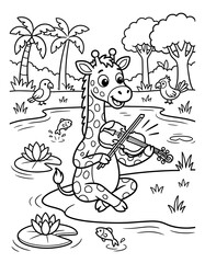 Fototapeta premium Cartoon Giraffe Playing Violin by Pond with Fish Coloring Page