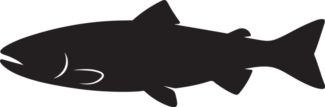 Black silhouette of a trout fish isolated on a white background for graphic design.