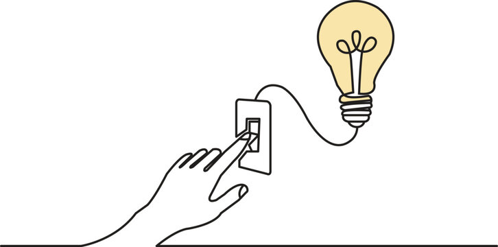 Minimal creativity concept drawing, hand flipping switch and light bulb turning on