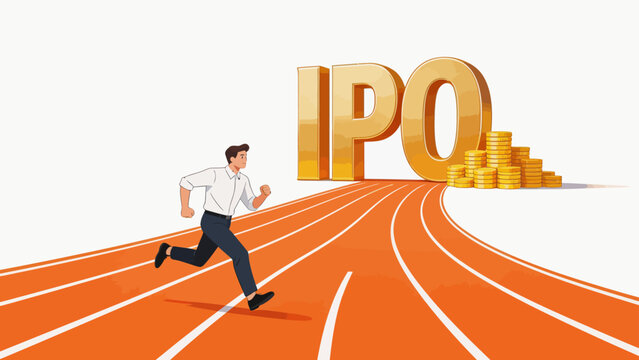 Businessman running on track with IPO and coins