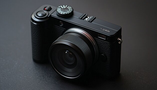 Professional black camera with sleek design on dark background
