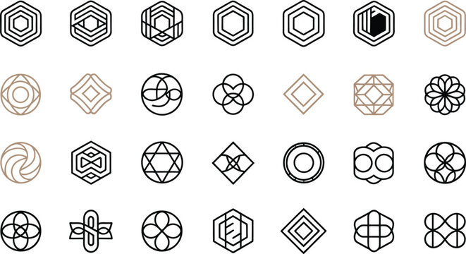 Geometric logos hexagonal diamond shapes, twenty-five designs in muted brown and black tones, modern elegant style, high quality professional detailed stylish vector illustration.