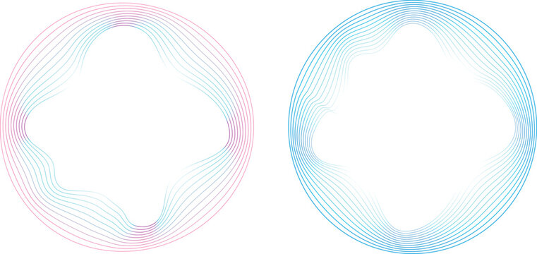Round sound wave frames, circular lines pattern, radial curvy shapes, geometric concentric design. Vector illustration.