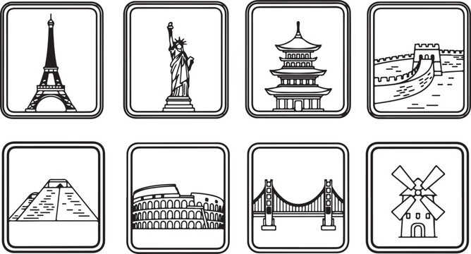 Classic landmarks of paris and modern cityscape in black and white illustrations Vector