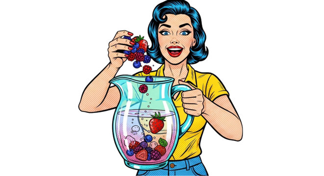 Happy woman preparing fruit drink with pitcher and berries  