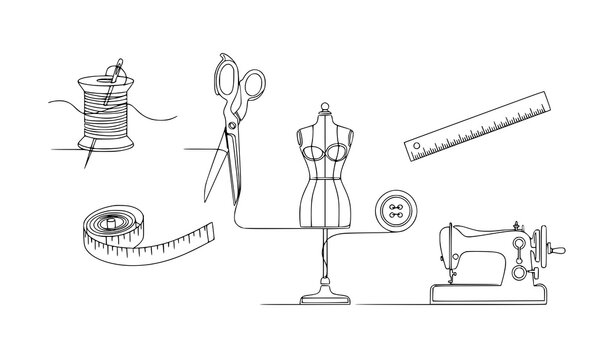 Minimalist continuous line sewing tailoring icon pack garment tools vector illustration