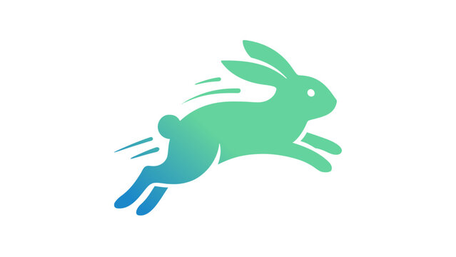 Dynamic vector illustration of a jumping rabbit icon featuring a vibrant teal to blue gradient. Minimalist flat design of a fast hare leaping through the air, symbolizing speed and agility.