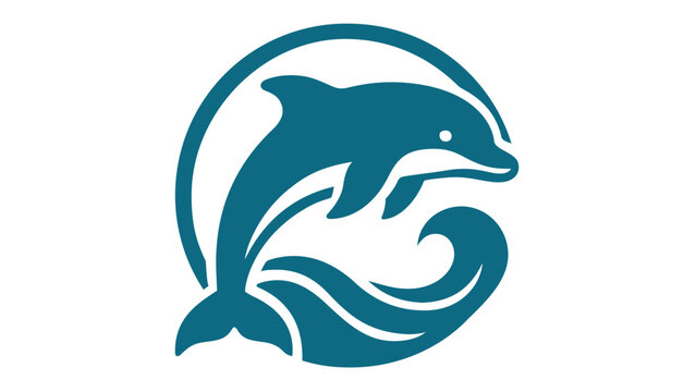 Minimalist teal dolphin jumping over ocean waves vector icon illustration, flat circular marine life symbol for logo design, scalable AI-generated aquatic animal graphic on white background.