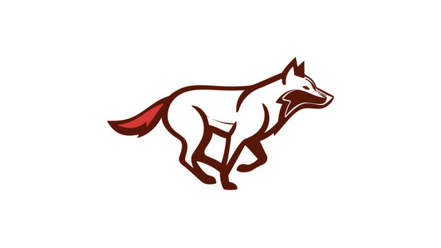 Minimalist vector illustration of a running fox or wolf mascot, stylized animal icon with brown outlines and red tail tip, commerce-optimized graphic for logo design and branding, AI-generated.