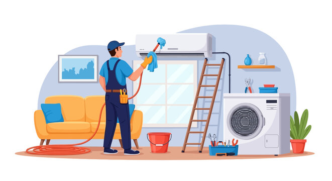 A vector illustration shows an air conditioning technician in uniform cleaning an AC unit with a cloth, using a ladder, set against a stylized background in a room with a yellow sofa