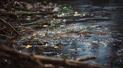 Fototapeta premium Pollution in water: A stark depiction of polluted water, showcasing plastic debris and waste, highlighting the critical issue of environmental contamination and the urgent need for conservation.