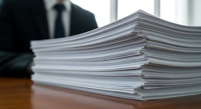 Large stack of paperwork on a wooden desk in front of a businessperson