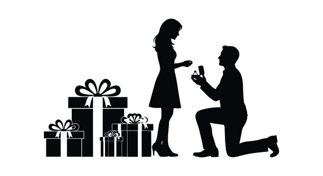 A romantic proposal scene unfolds with a man kneeling and offering a ring framed by gifts in silhouette high quality professional