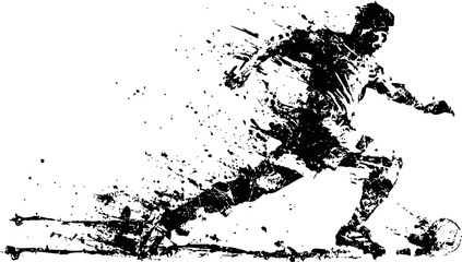 Obraz premium Dynamic soccer player kicking ball in action silhouette with artistic ink splatter effect