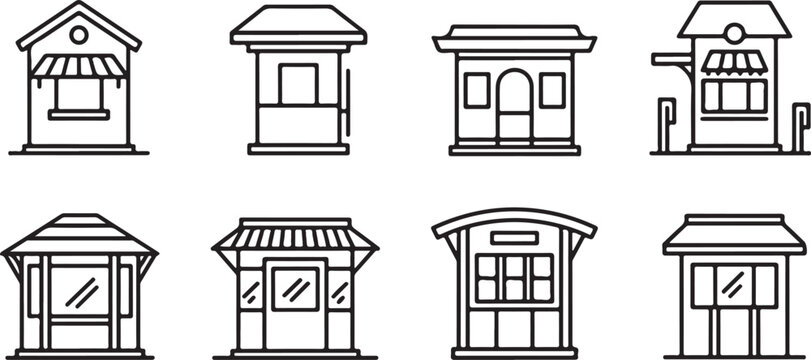 Architectural sketches of eight distinct house designs in black and white Vector