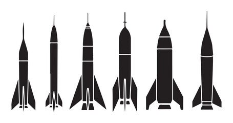 Silhouette set of aerospace rocket models with sleek fins and aerodynamic bodies for space flight mission. © Sen