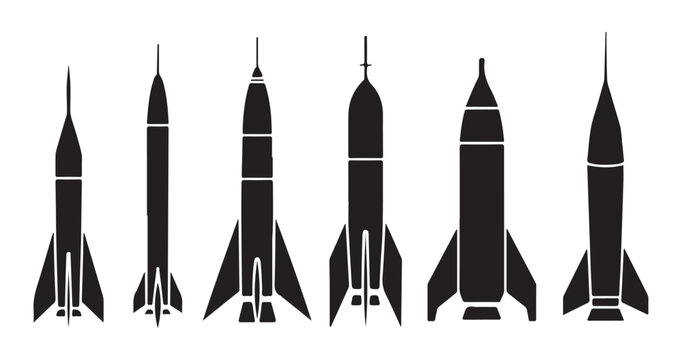 Silhouette set of aerospace rocket models with sleek fins and aerodynamic bodies for space flight mission.