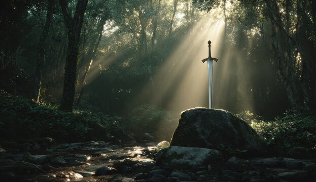 Sword in the Stone: A mystical sword embedded in stone, bathed in ethereal light within a secluded forest, evoking a sense of ancient legend and untold mysteries.