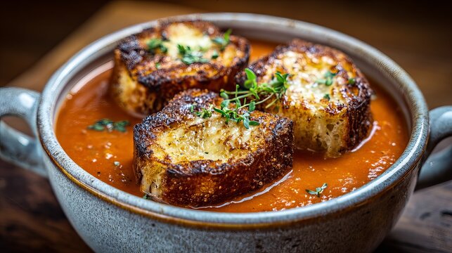 Cheesy bread toasted with warm tomato broth.