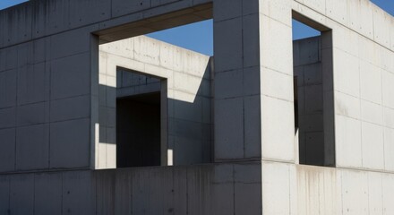 Obraz premium Modern concrete building structure with rectangular window openings against clear blue sky. Geometric architectural design.