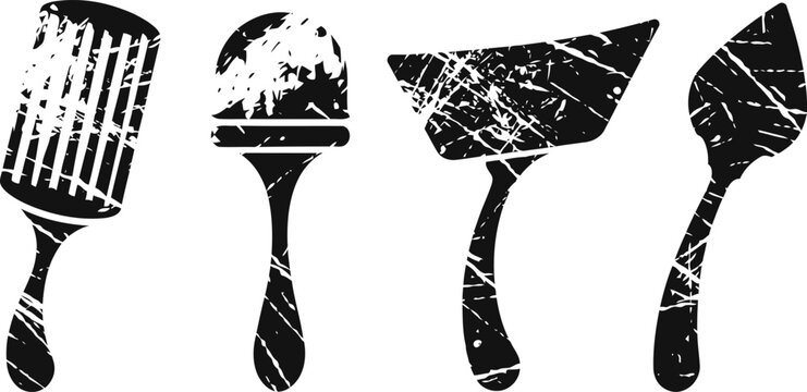 Grunge set of kitchen utensils including spatulas and turner with scratched textured design