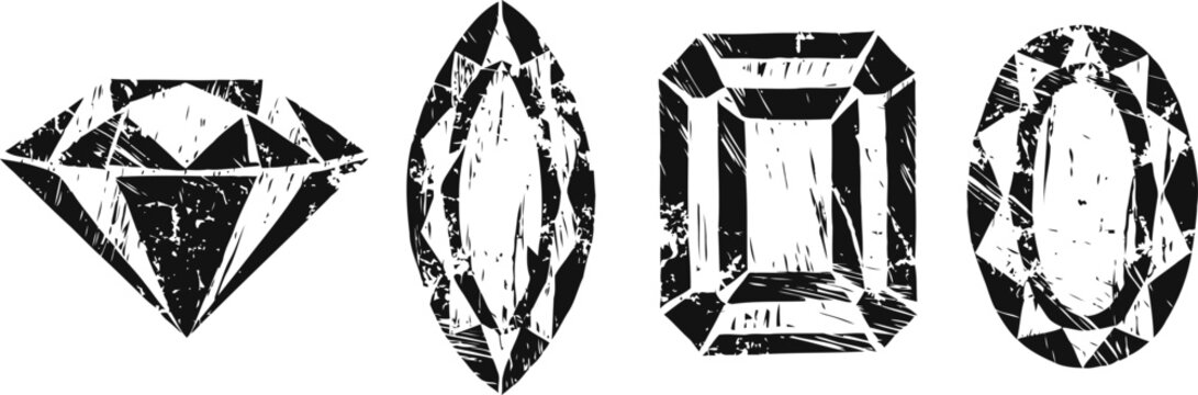 black and white vintage gemstone illustrations diamond shapes with grunge texture decorative jewelry elements in various cuts and styles