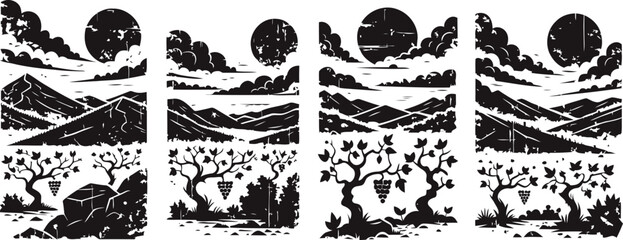Obraz premium four black and white vineyard landscape panels with sun, clouds, hills, trees, and grapevines