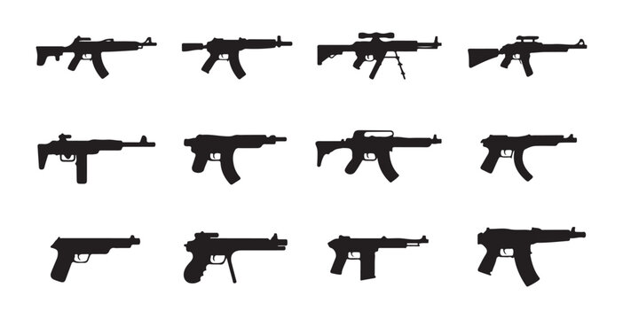 Selection of firearm silhouettes illustrating different gun models including rifles submachine guns pistols.