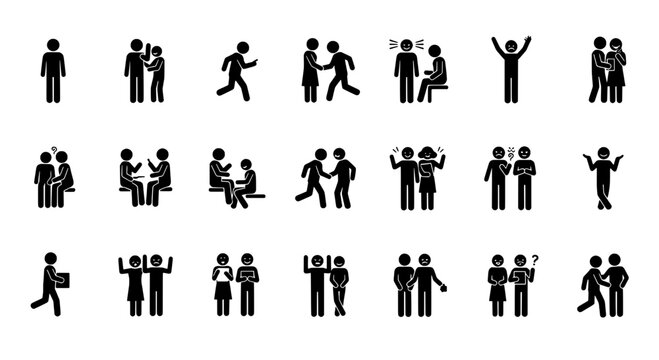 Stick figures set with various actions and emotions depicted in black silhouettes on white background