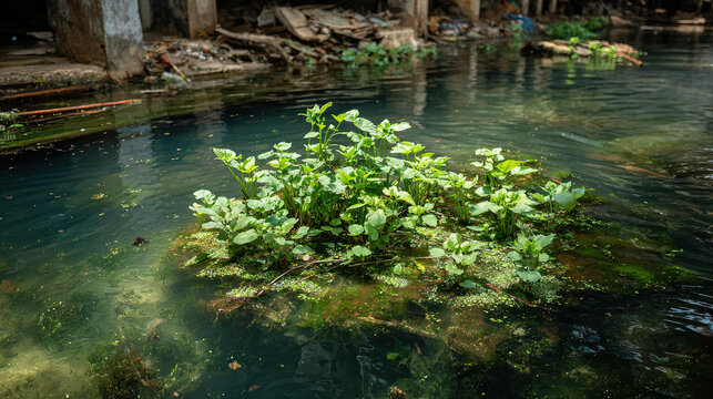 A Patch of Green in Murky Water: A close-up view reveals an island of vibrant green plants thriving amidst the murky, polluted water, a striking contrast symbolizing resilience.