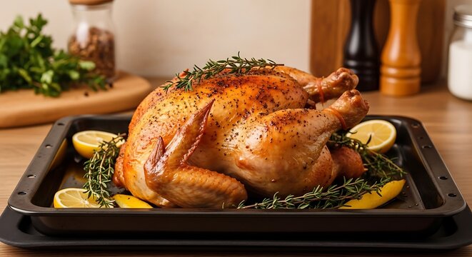 A perfectly roasted whole chicken garnished with fresh green herbs and bright lemon slices on tray. pollo intero