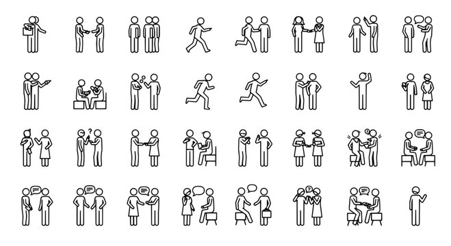 People stick figure set with various actions and interactions featuring icons, illustrations, line art with simple and human figures elements for
